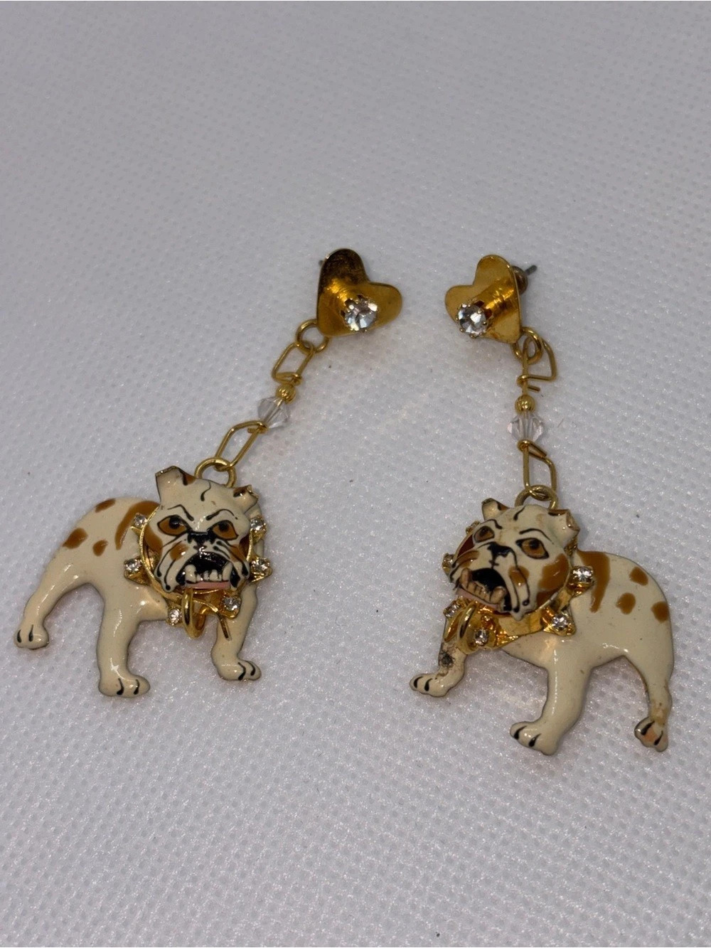 Lunch at The Ritz Bulldog Drop Earrings in Gold & White